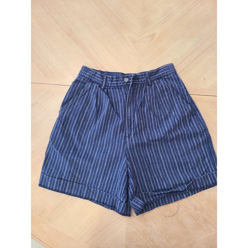 Dockers Pinstripe Shorts Women 8 Blue Linen Blend Pleated High Rise